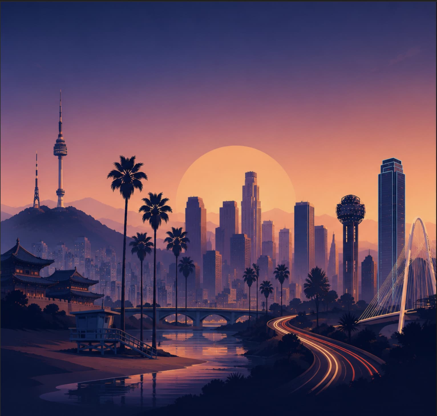 Illustrated synthwave sunset of three skylines blended under one setting sun