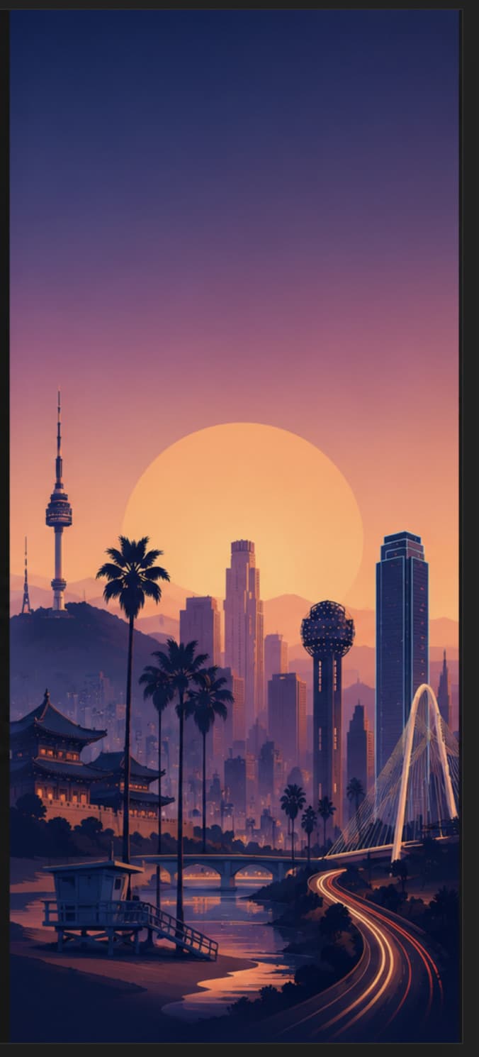 Illustrated synthwave sunset of three skylines blended under one setting sun